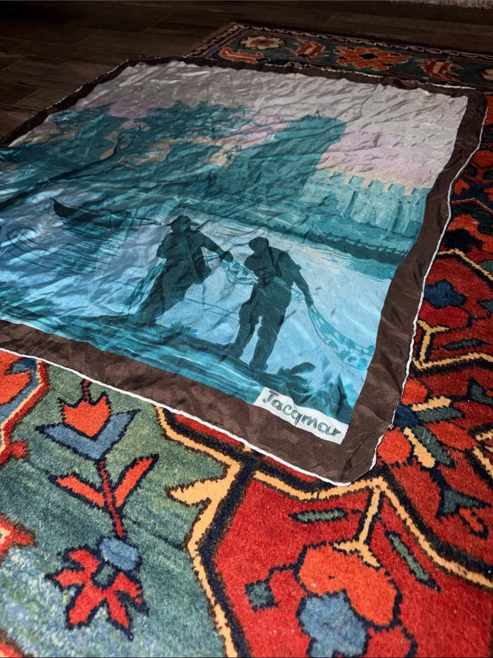 Vintage Jacqmar of London Silk Scarf Scenic River Fishing Silhouette Ruins